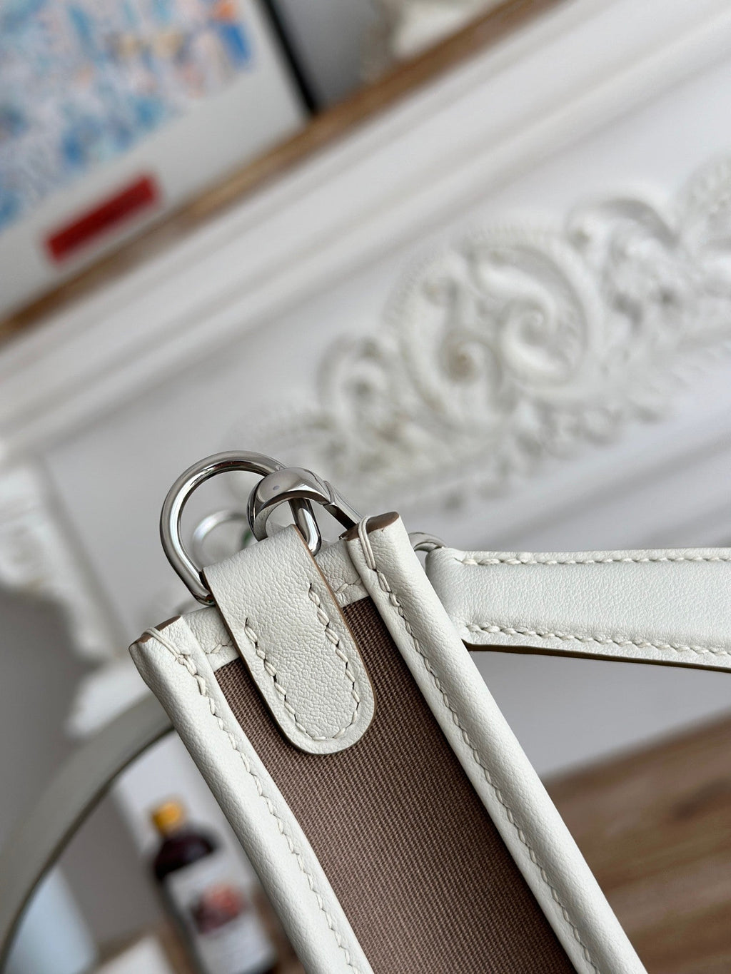 HERMES MINI NEO 17 EVELYNE BAG IN WENGE BROWN CANVAS AND WHITE CALFSKIN