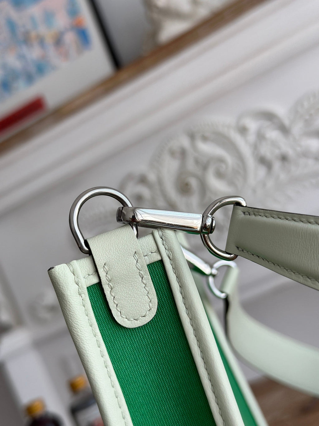 HERMES MINI NEO 17 EVELYNE BAG IN EMERALD GREEN CANVAS AND WHITE CALFSKIN