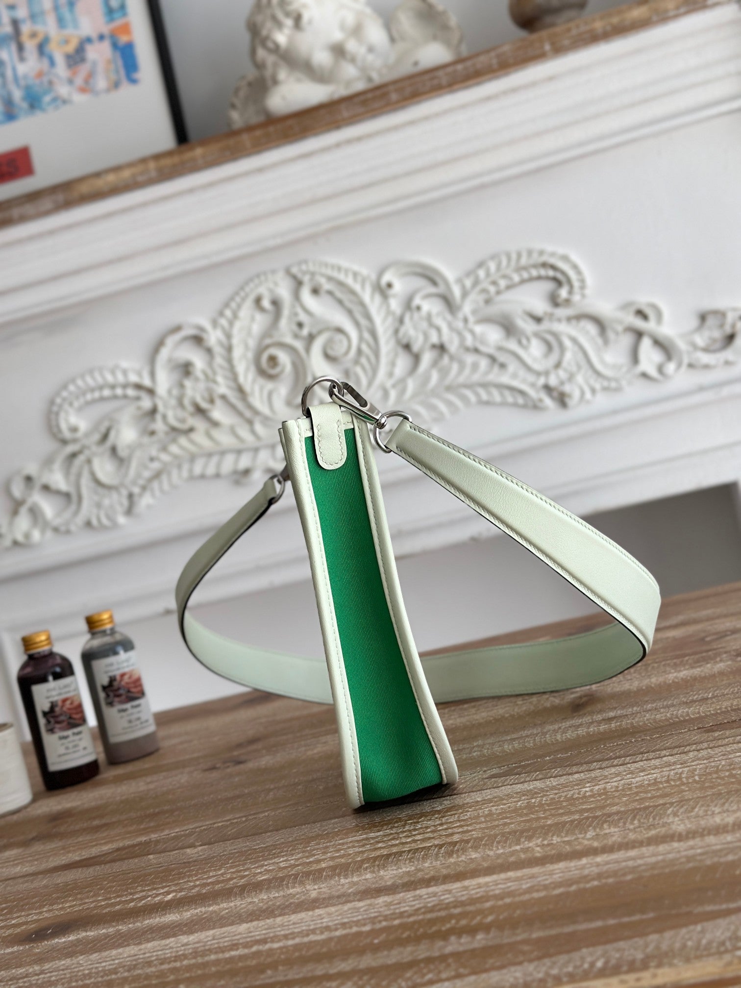HERMES MINI NEO 17 EVELYNE BAG IN EMERALD GREEN CANVAS AND WHITE CALFSKIN