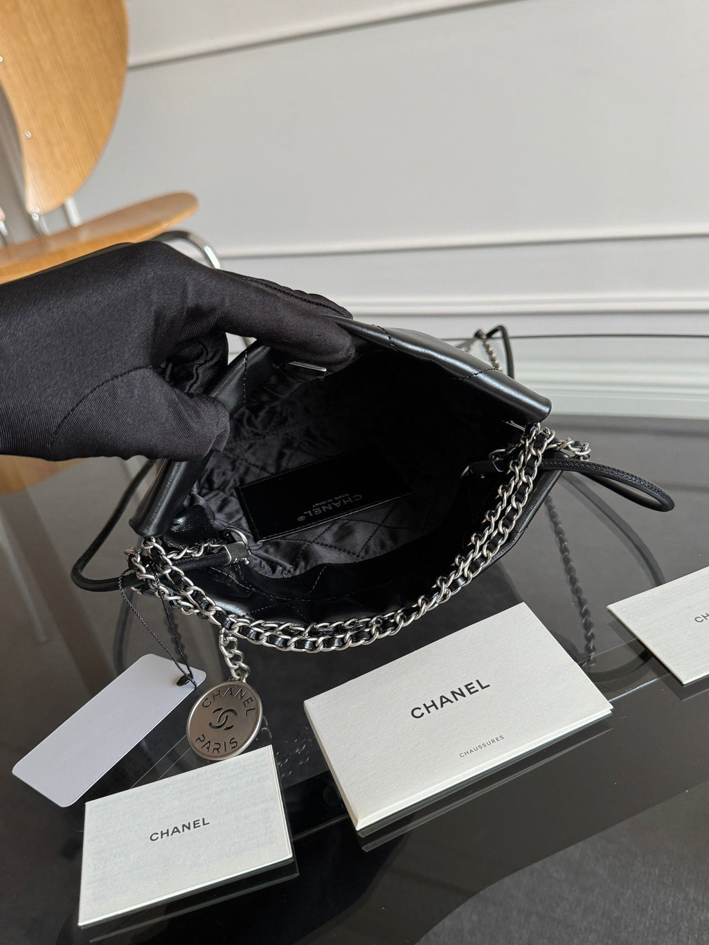 CHANEL MINI HOBO HANDBAG 20 IN BLACK CALFSKIN SILVER-TONE HARDWARE
