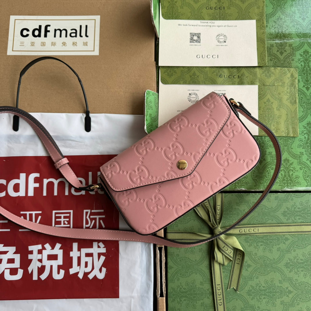 GUCCI SUPER MINI SHOULDER BAG 21 IN BALLERINA PINK EMBOSSED CALFSKIN