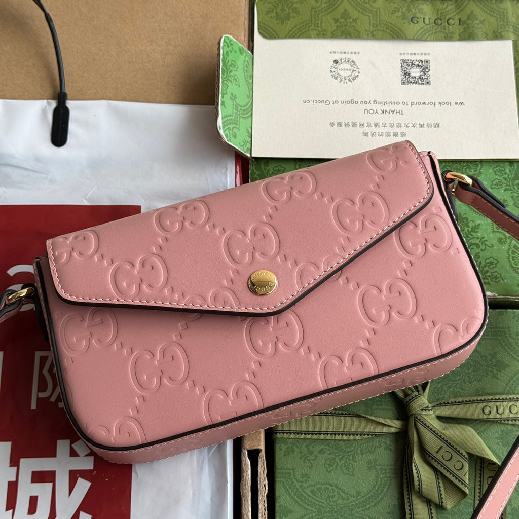 GUCCI SUPER MINI SHOULDER BAG 21 IN BALLERINA PINK EMBOSSED CALFSKIN