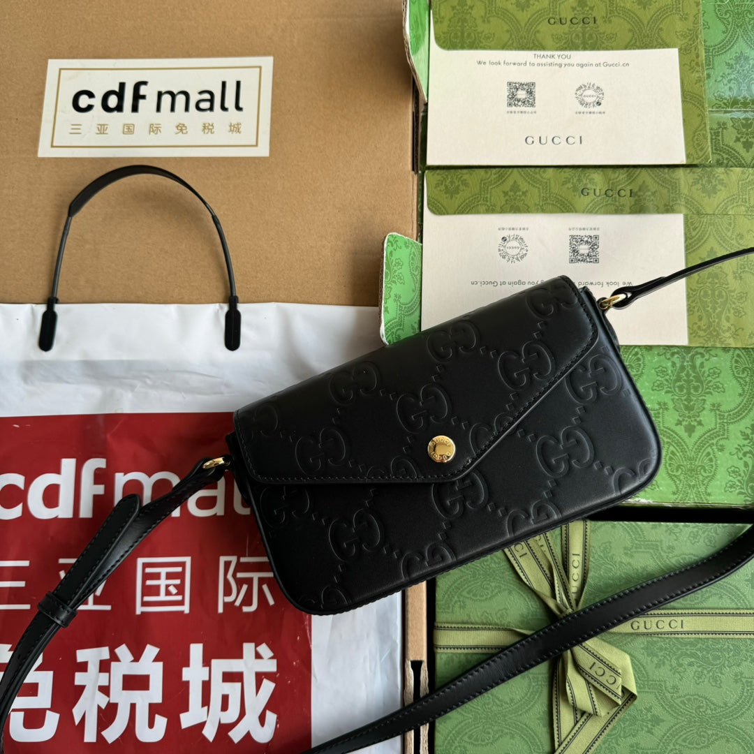GUCCI SUPER MINI SHOULDER BAG 21 IN BLACK EMBOSSED CALFSKIN