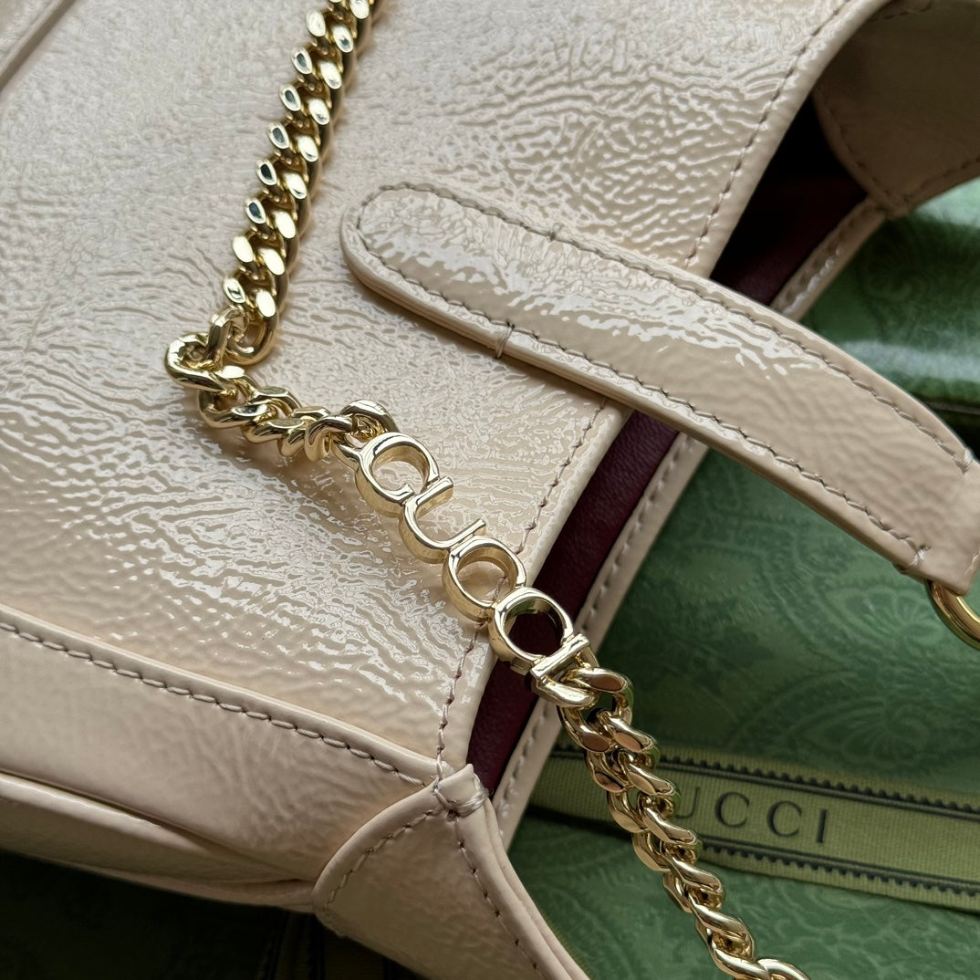 GUCCI JACKIE NOTTE MINI BAG 19 IN BEIGE CRACKED LACQUER CALFSKIN GOLD HARDWARE