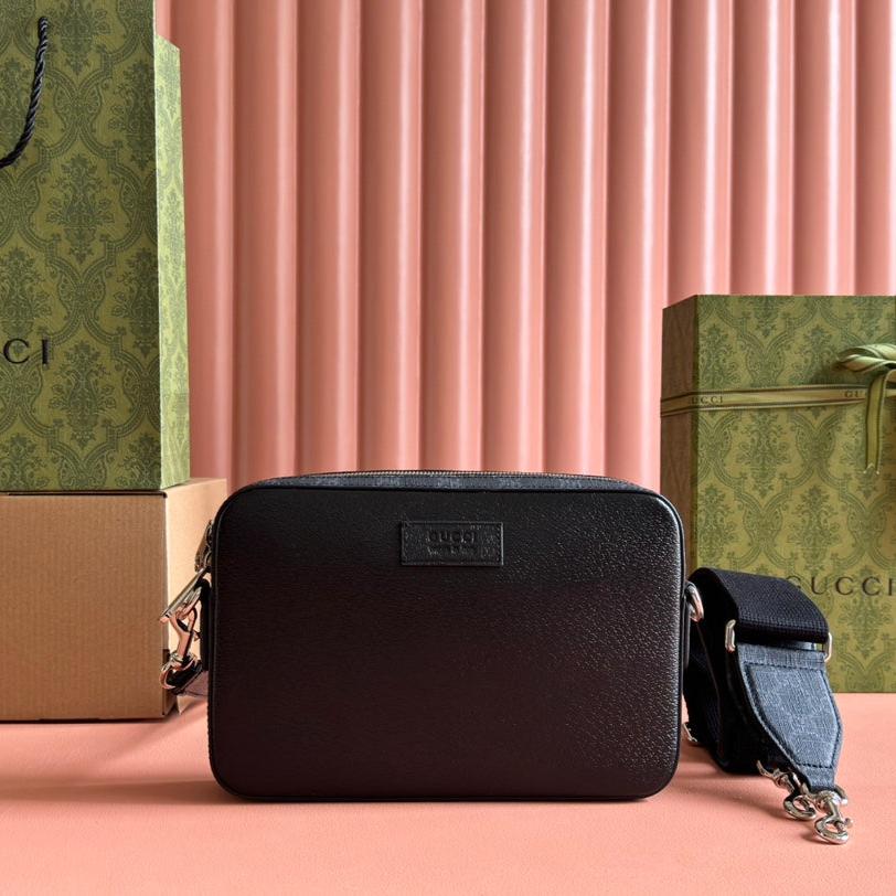 GUCCI SMALL CROSSBODY BAG 24 WITH TAG IN BLACK CALFSKIN AND CANVAS TRIM