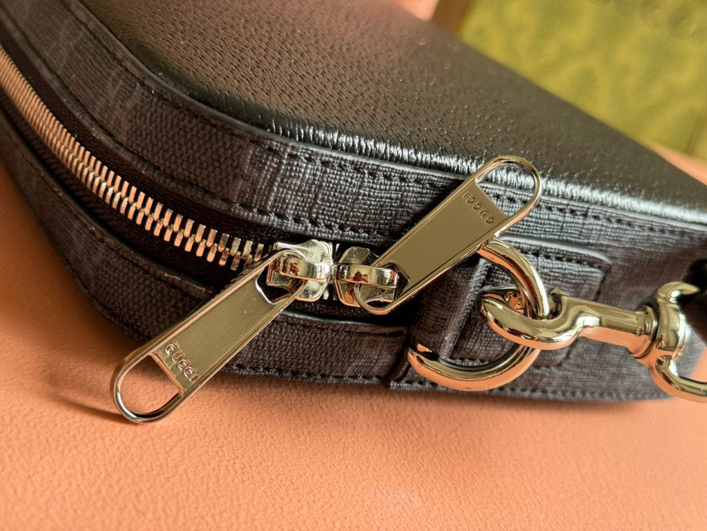 GUCCI SMALL CROSSBODY BAG 24 WITH TAG IN BLACK CALFSKIN AND CANVAS TRIM