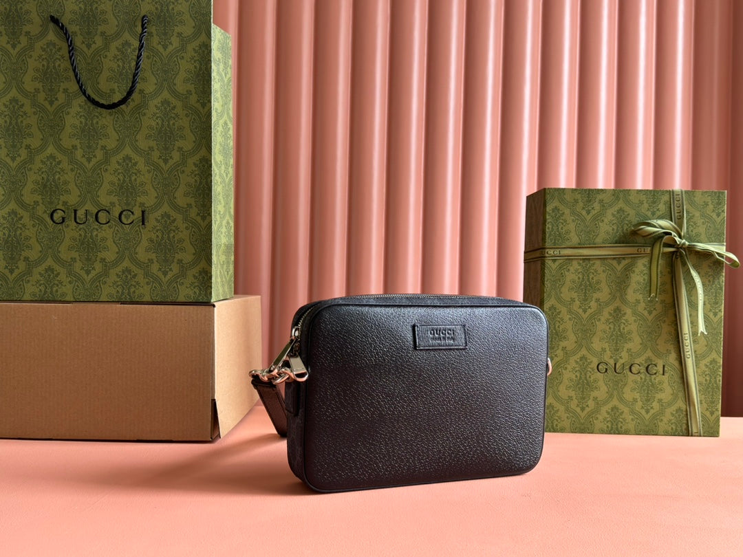 GUCCI SMALL CROSSBODY BAG 24 WITH TAG IN BLACK CALFSKIN AND CANVAS TRIM