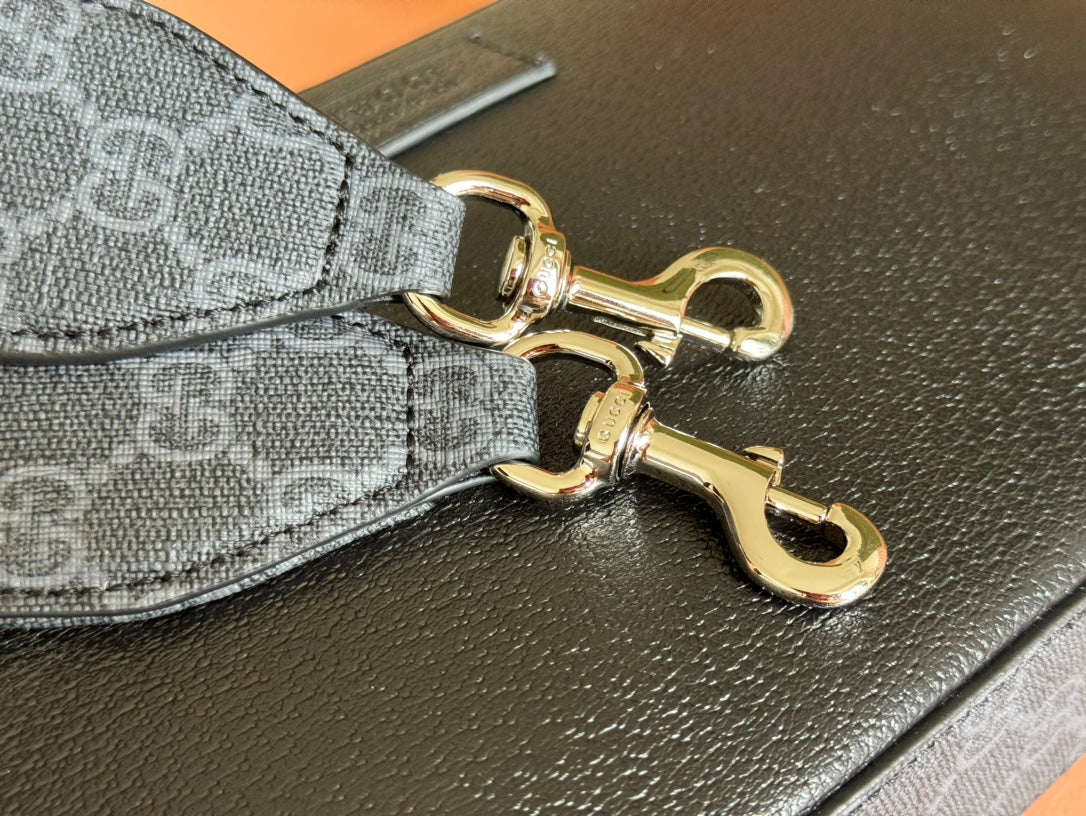 GUCCI SMALL CROSSBODY BAG 24 WITH TAG IN BLACK CALFSKIN AND CANVAS TRIM
