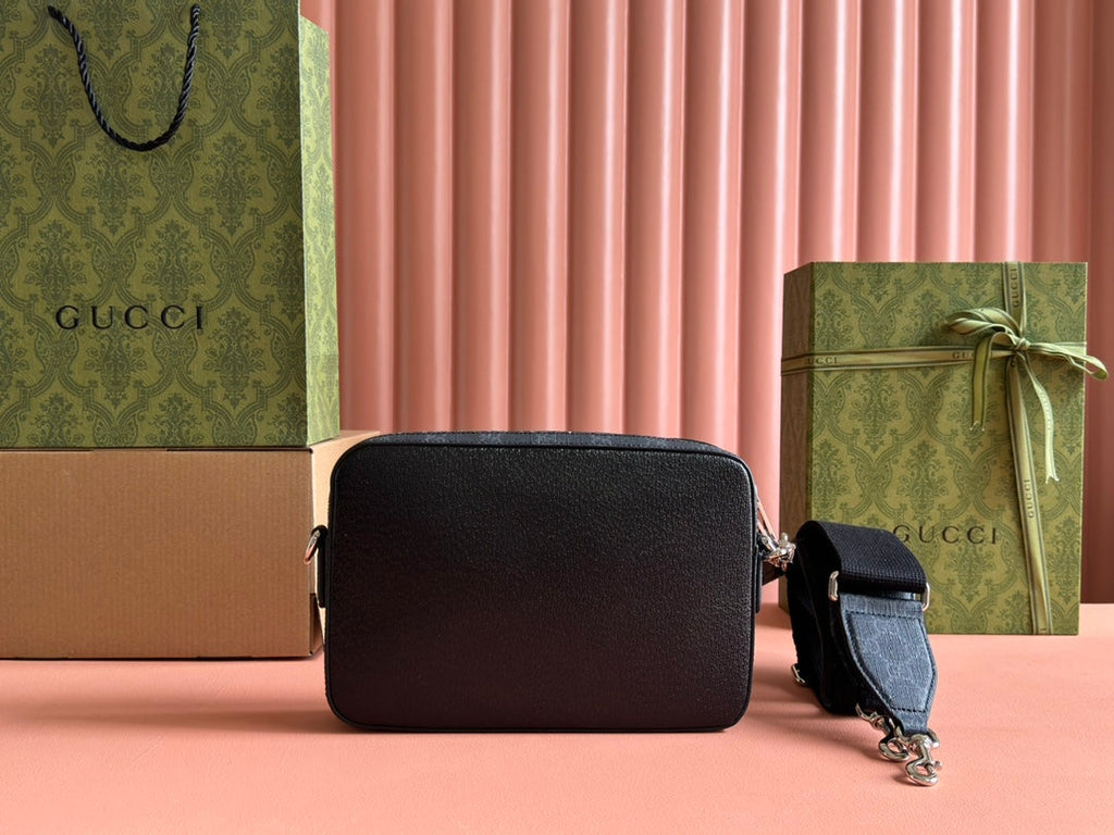GUCCI SMALL CROSSBODY BAG 24 WITH TAG IN BLACK CALFSKIN AND CANVAS TRIM