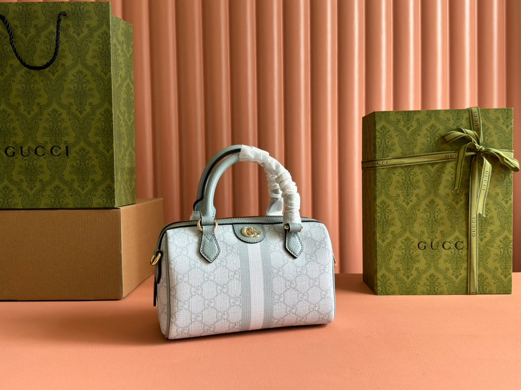 GUCCI OPHIDIA TOP HANDLE BAG 21 IN GREY-GREEN MONOGRAM CANVAS AND CALFSKIN TRIM GOLD HARDWARE