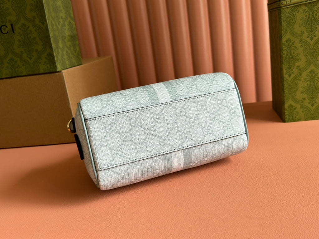 GUCCI OPHIDIA TOP HANDLE BAG 21 IN GREY-GREEN MONOGRAM CANVAS AND CALFSKIN TRIM GOLD HARDWARE