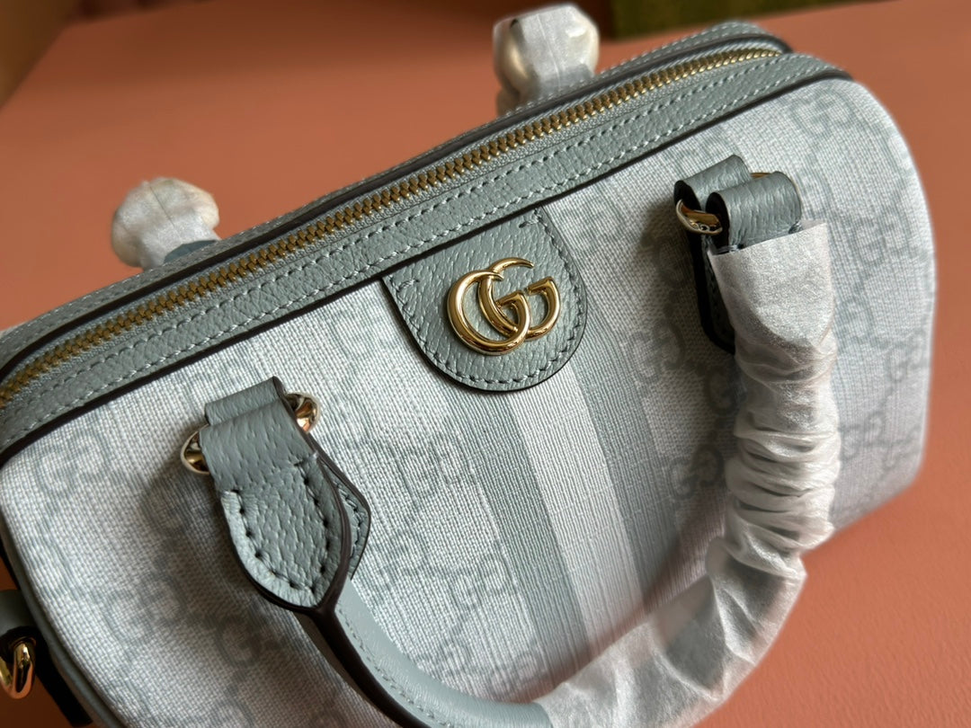 GUCCI OPHIDIA TOP HANDLE BAG 21 IN GREY-GREEN MONOGRAM CANVAS AND CALFSKIN TRIM GOLD HARDWARE