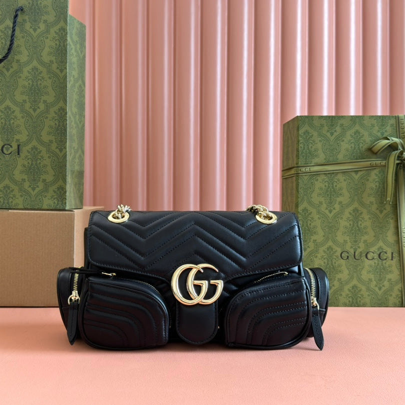 GUCCI MARMONT SMALL MULTI-POCKET BAG 25 IN BLACK CALFSKIN GOLD HARDWARE