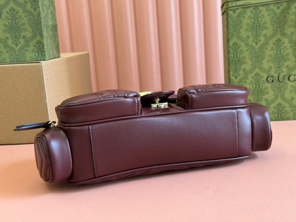 GUCCI MARMONT SMALL MULTI-POCKET BAG 25 IN CURRANT RED CALFSKIN GOLD HARDWARE