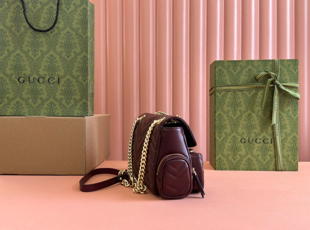 GUCCI MARMONT SMALL MULTI-POCKET BAG 25 IN CURRANT RED CALFSKIN GOLD HARDWARE