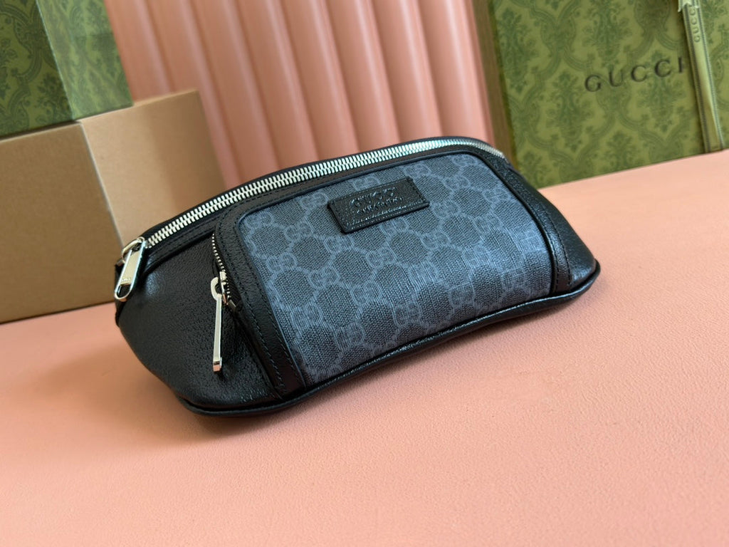 GUCCI SMALL BELT BAG 29 IN BLACK CALFSKIN AND DARK GRAY MONOGRAM CANVAS
