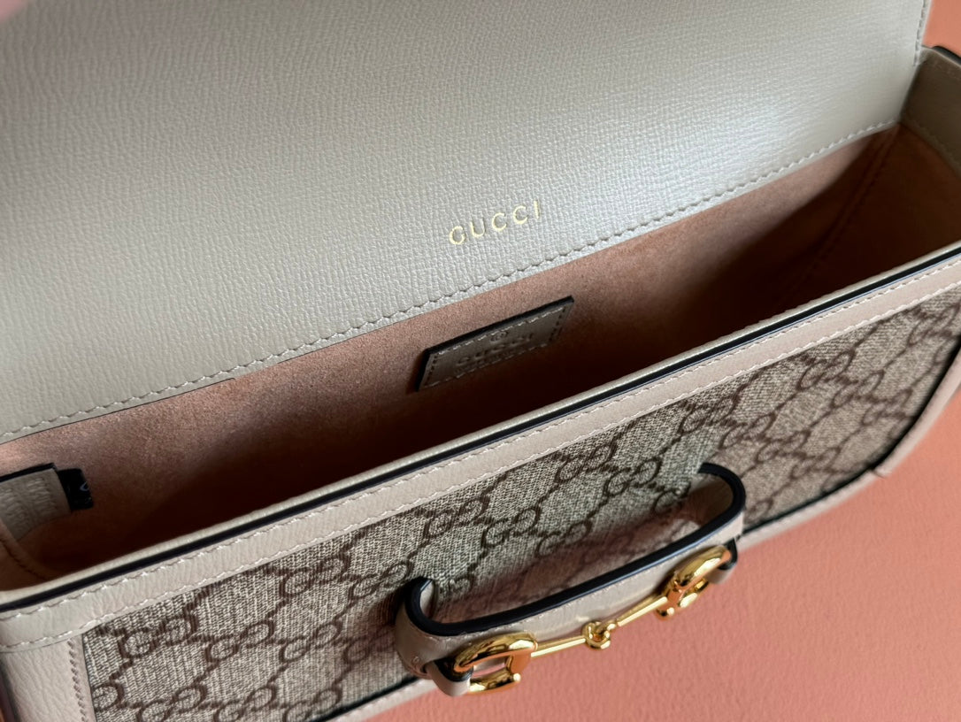 GUCCI HORSEBIT 1955 BAG 24 IN BEIGE CANVAS AND WHITE CALFSKIN