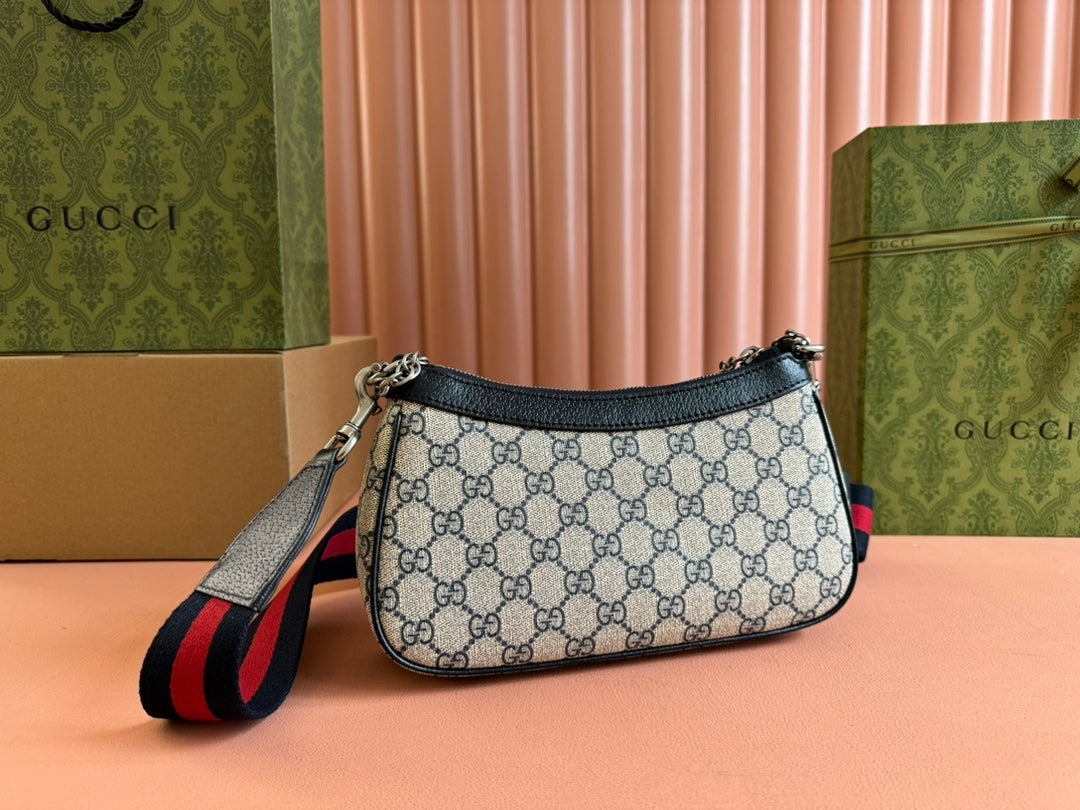 GUCCI OPHIDIA SHOULDER BAG 25 IN GREY EBONY CANVAS AND BLACK LAMBSKIN SILVER HARDWARE