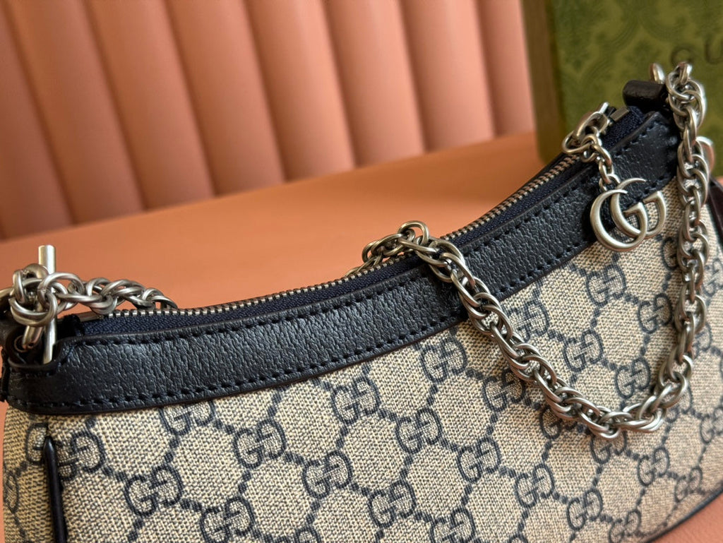 GUCCI OPHIDIA SHOULDER BAG 25 IN GREY EBONY CANVAS AND BLACK LAMBSKIN SILVER HARDWARE