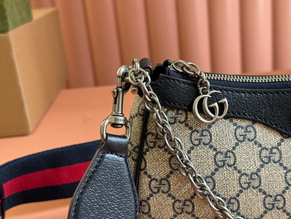 GUCCI OPHIDIA SHOULDER BAG 25 IN GREY EBONY CANVAS AND BLACK LAMBSKIN SILVER HARDWARE