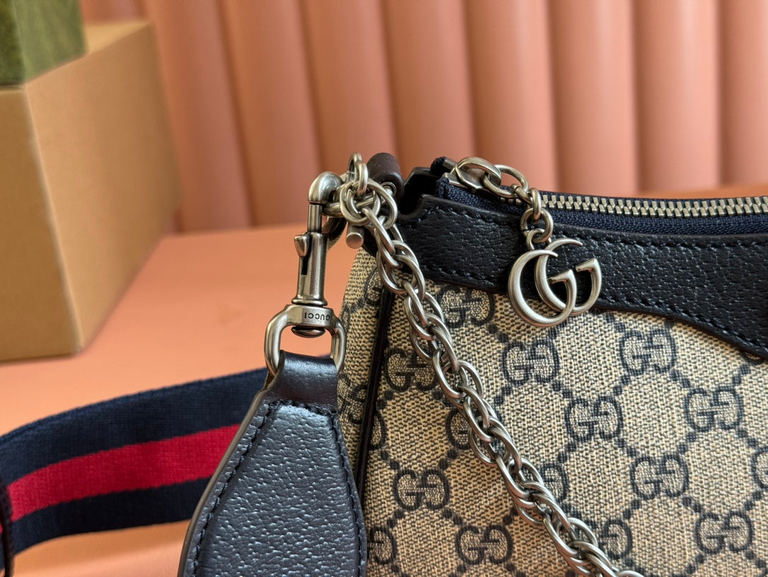 GUCCI OPHIDIA SHOULDER BAG 25 IN GREY EBONY CANVAS AND BLACK LAMBSKIN SILVER HARDWARE