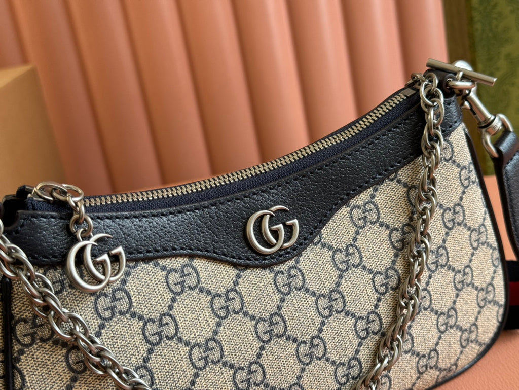 GUCCI OPHIDIA SHOULDER BAG 25 IN GREY EBONY CANVAS AND BLACK LAMBSKIN SILVER HARDWARE