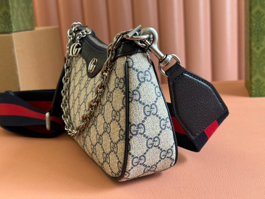 GUCCI OPHIDIA SHOULDER BAG 25 IN GREY EBONY CANVAS AND BLACK LAMBSKIN SILVER HARDWARE