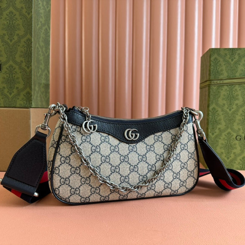 GUCCI OPHIDIA SHOULDER BAG 25 IN GREY EBONY CANVAS AND BLACK LAMBSKIN SILVER HARDWARE