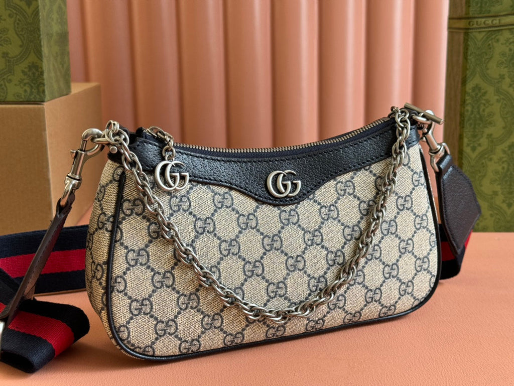 GUCCI OPHIDIA SHOULDER BAG 25 IN GREY EBONY CANVAS AND BLACK LAMBSKIN SILVER HARDWARE