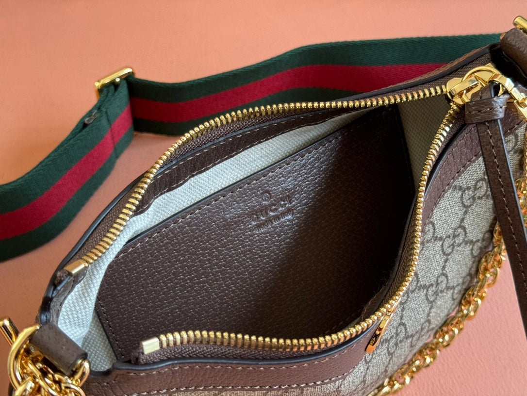 GUCCI OPHIDIA SMALL SHOULDER BAG 25 IN BEIGE EBONY CANVAS AND DARK BROWN LAMBSKIN GOLD HARDWARE
