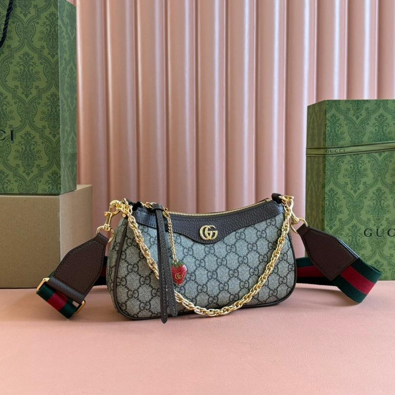 GUCCI OPHIDIA SMALL SHOULDER BAG 25 IN BEIGE EBONY CANVAS AND DARK BROWN LAMBSKIN GOLD HARDWARE
