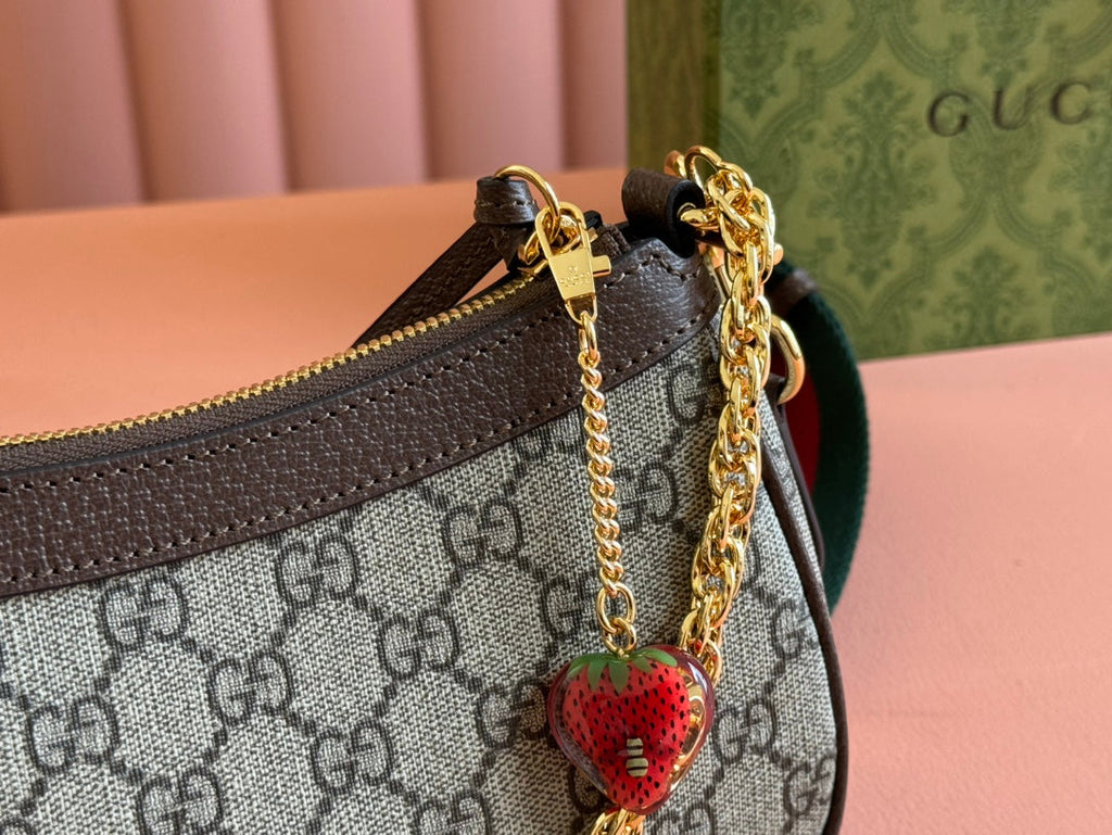 GUCCI OPHIDIA SMALL SHOULDER BAG 25 IN BEIGE EBONY CANVAS AND DARK BROWN LAMBSKIN GOLD HARDWARE