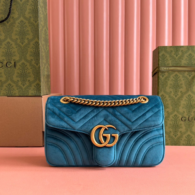GUCCI 25S  MARMONT 26 CM IN DEEP TEAL BLUE VELVET WITH GOLD HARDWARE