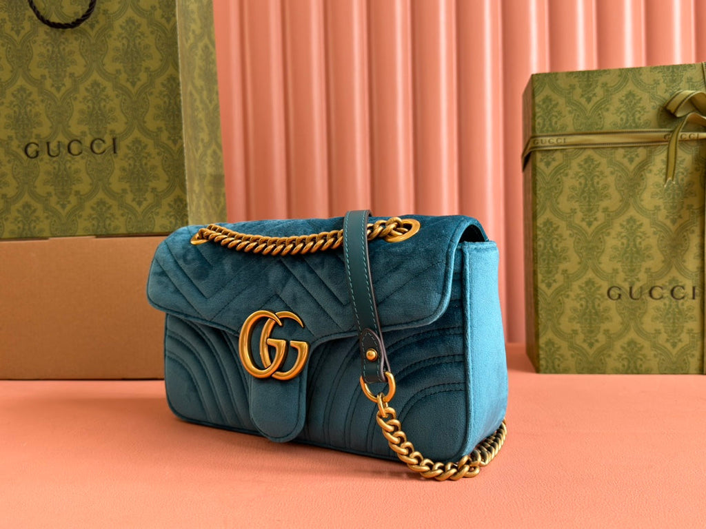 GUCCI 25S  MARMONT 26 CM IN DEEP TEAL BLUE VELVET WITH GOLD HARDWARE