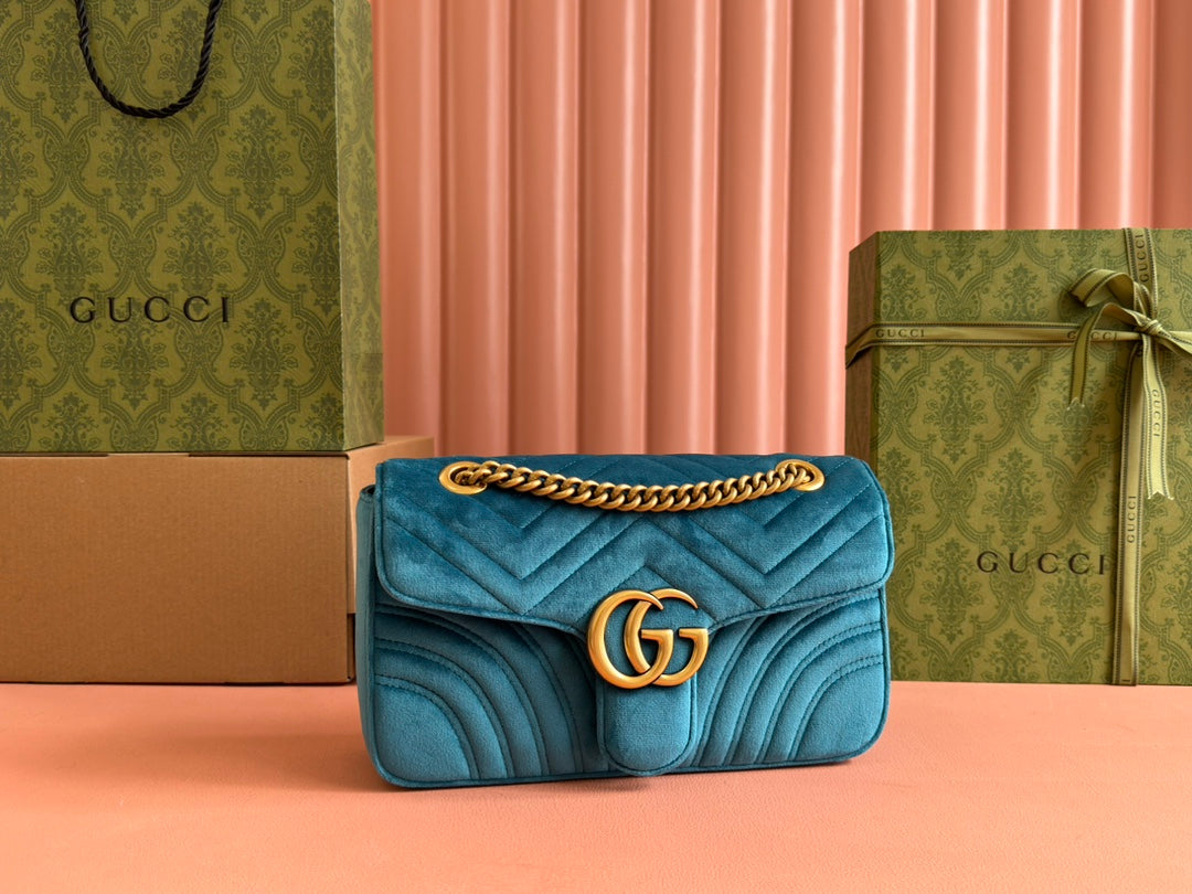 GUCCI 25S  MARMONT 26 CM IN DEEP TEAL BLUE VELVET WITH GOLD HARDWARE