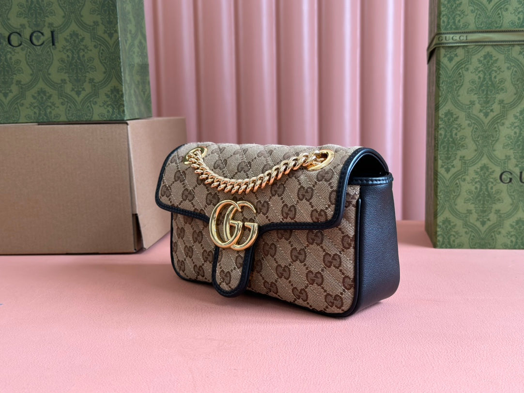 GUCCI MARMONT MEDIUM SHOULDER BAG 22 IN BEIGE AND BROWN  CANVAS BLACK CALFSKIN