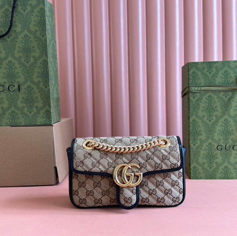 GUCCI MARMONT MEDIUM SHOULDER BAG 22 IN BEIGE AND BROWN  CANVAS BLACK CALFSKIN