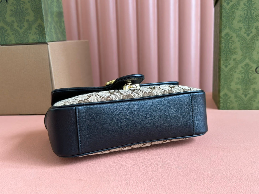 GUCCI MARMONT MEDIUM SHOULDER BAG 22 IN BEIGE AND BROWN  CANVAS BLACK CALFSKIN
