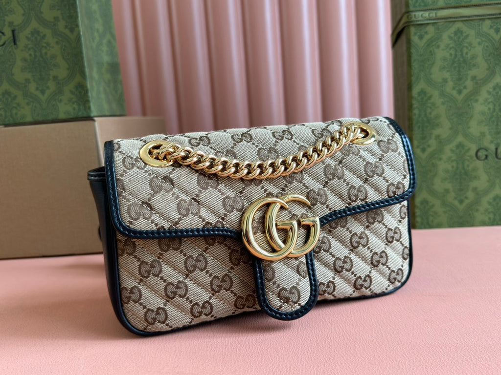 GUCCI MARMONT MEDIUM SHOULDER BAG 22 IN BEIGE AND BROWN  CANVAS BLACK CALFSKIN