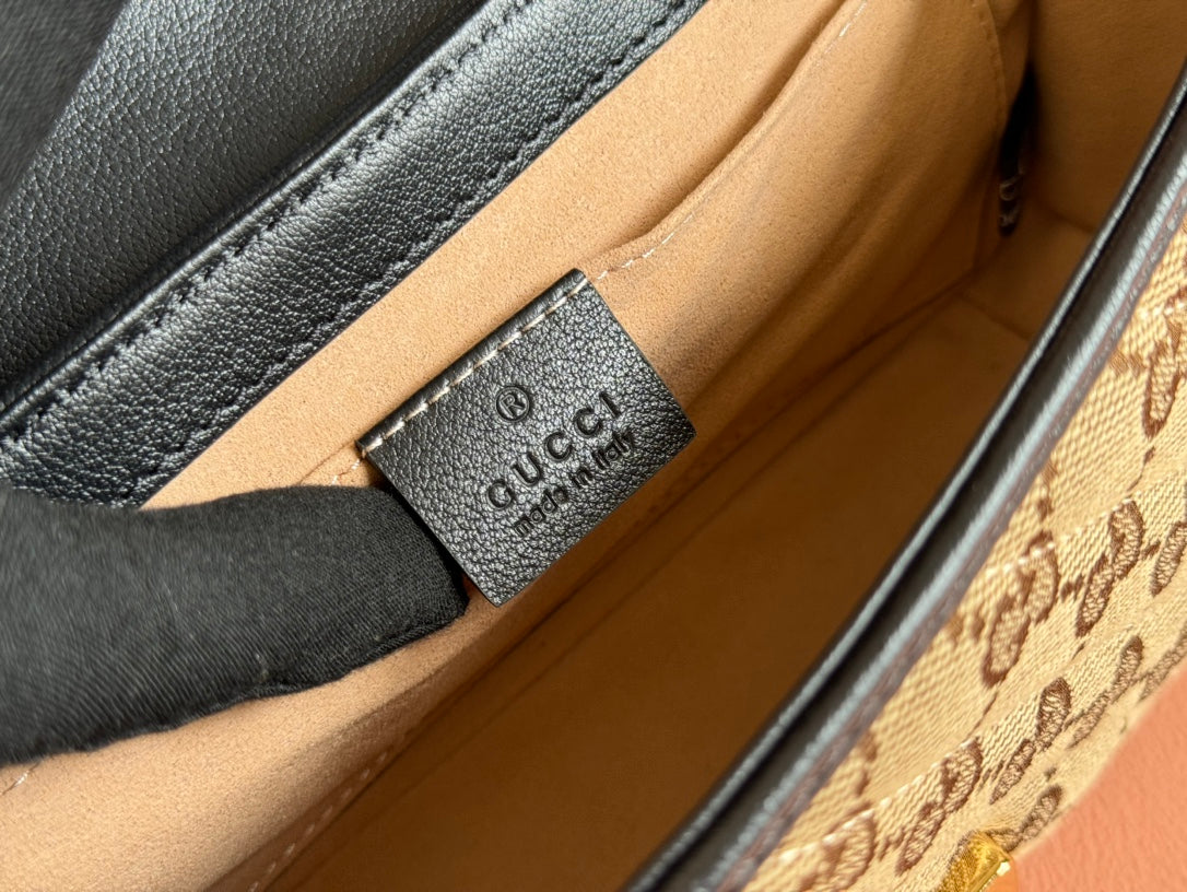 GUCCI MARMONT MEDIUM SHOULDER BAG 22 IN BEIGE AND BROWN  CANVAS BLACK CALFSKIN