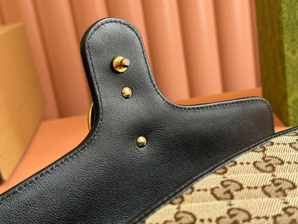 GUCCI MARMONT MEDIUM SHOULDER BAG 26 IN BEIGE AND BROWN  CANVAS BLACK CALFSKIN GOLD HARDWARE