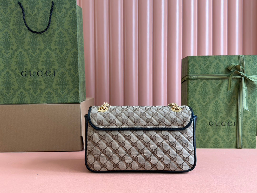GUCCI MARMONT MEDIUM SHOULDER BAG 26 IN BEIGE AND BROWN  CANVAS BLACK CALFSKIN GOLD HARDWARE