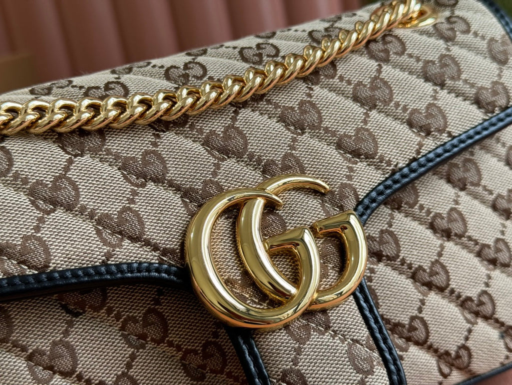 GUCCI MARMONT MEDIUM SHOULDER BAG 26 IN BEIGE AND BROWN  CANVAS BLACK CALFSKIN GOLD HARDWARE