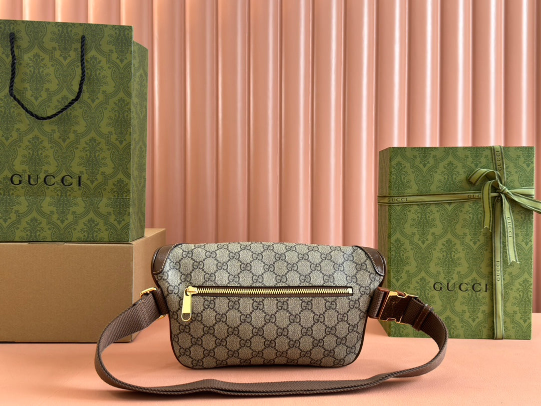 GUCCI OPHIDIA BELT BAG 28 IN BROWN AND BEIGE  CALFSKIN