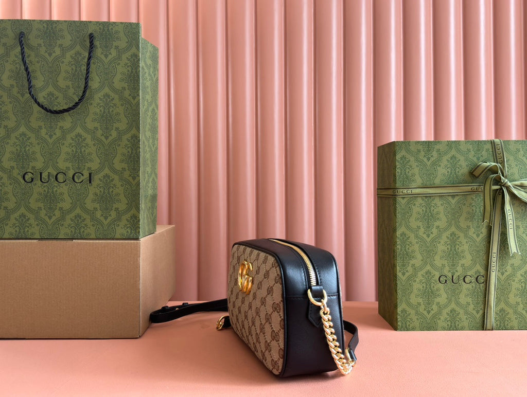 GUCCI MARMONT MEDIUM SHOULDER BAG 24 IN BEIGE AND BROWN  CANVAS BLACK CALFSKIN