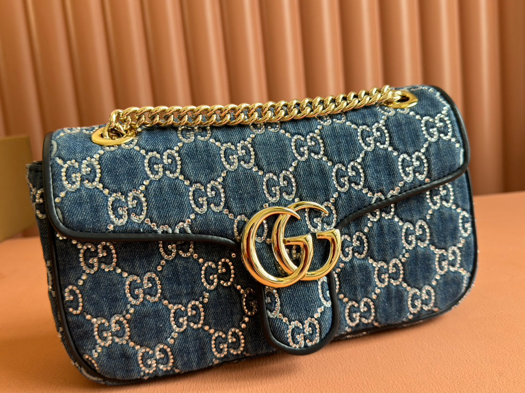 GUCCI MARMONT SHOULDER BAG 26 IN BLUE DENIM WITH DOUBLE G CRYSTAL PATTERN GOLD HARDWARE