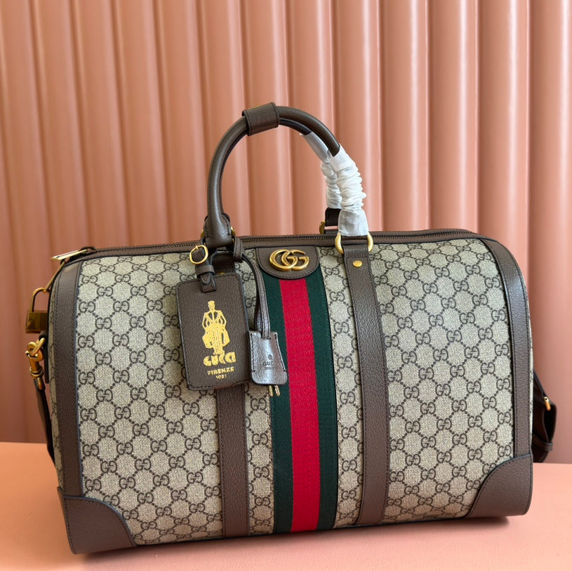 GUCCI SAVOY MEDIUM DUFFLE BAG 44 IN BEIGE AND EBONY  SUPREME CANVAS