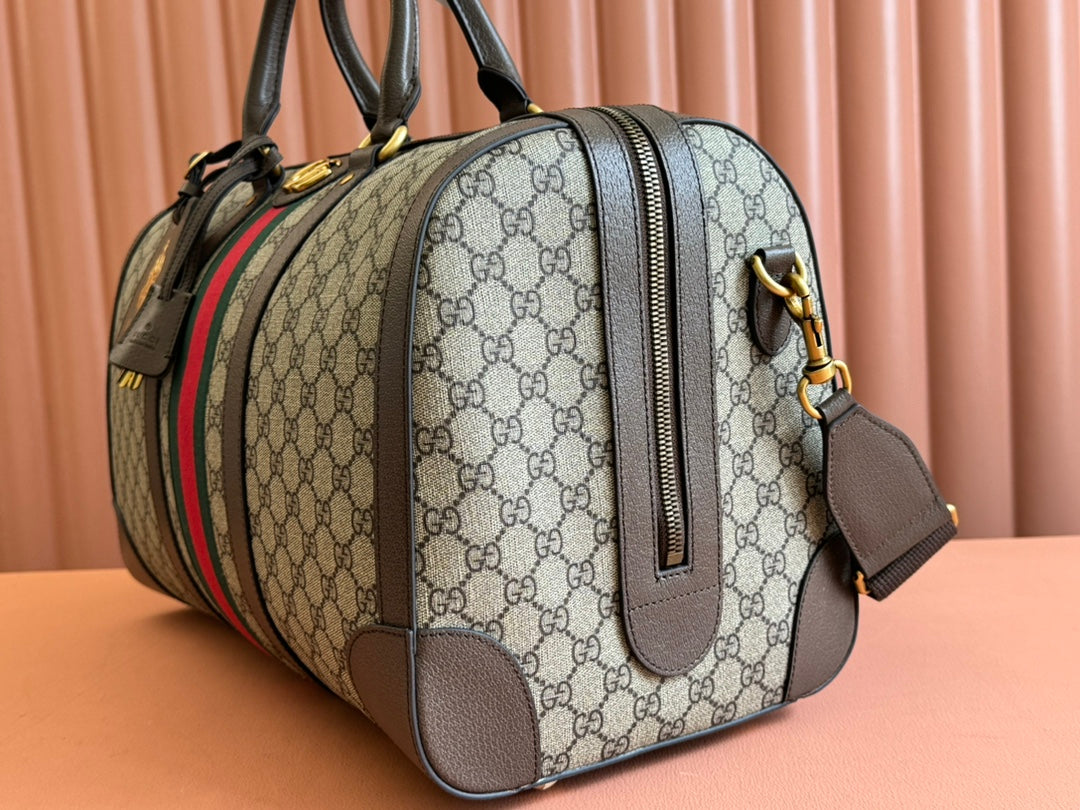 GUCCI SAVOY MEDIUM DUFFLE BAG 44 IN BEIGE AND EBONY  SUPREME CANVAS