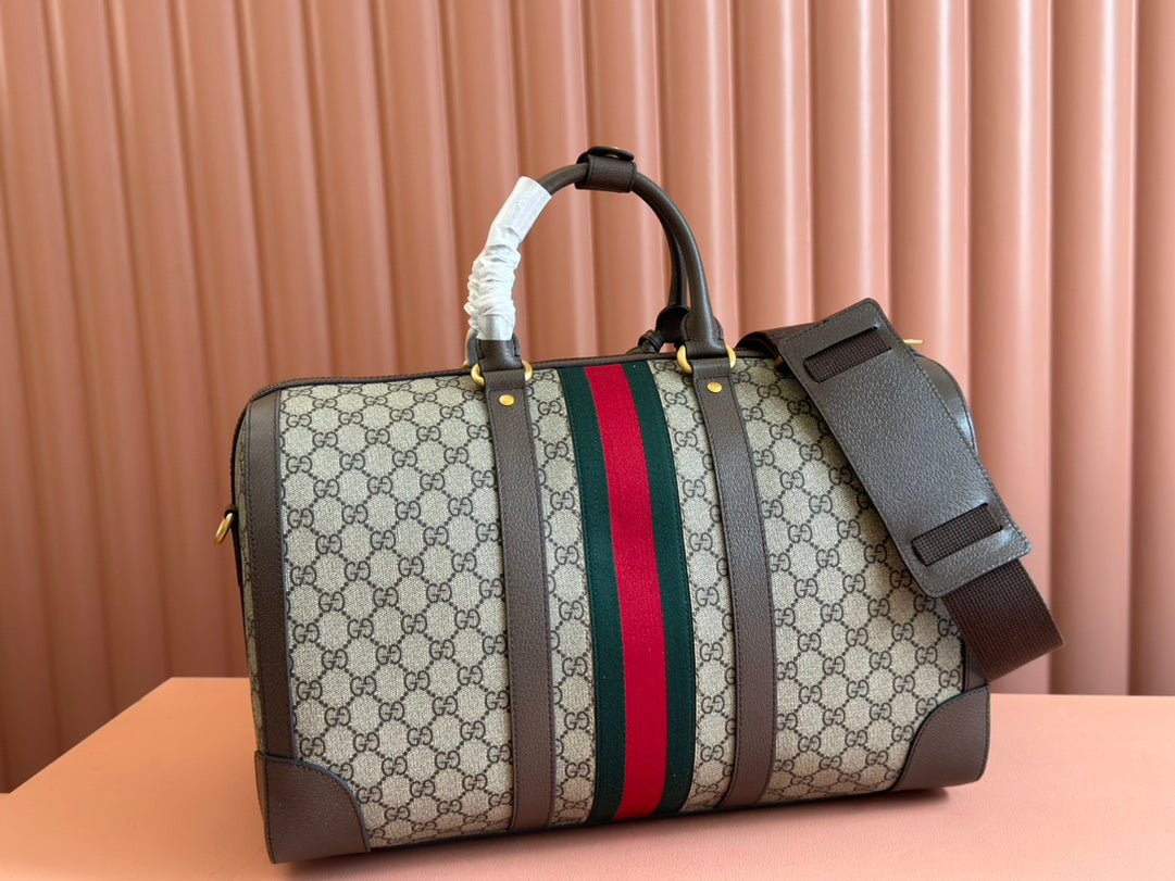 GUCCI SAVOY MEDIUM DUFFLE BAG 44 IN BEIGE AND EBONY  SUPREME CANVAS