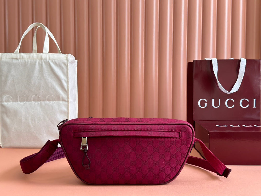 GUCCI BELT BAG 34 IN CURRANT RED MONOGRAM CANVAS